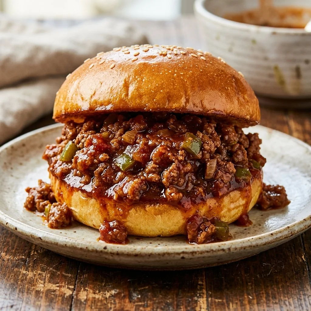 Homemade Sloppy Joes on a plate with a side of fries.