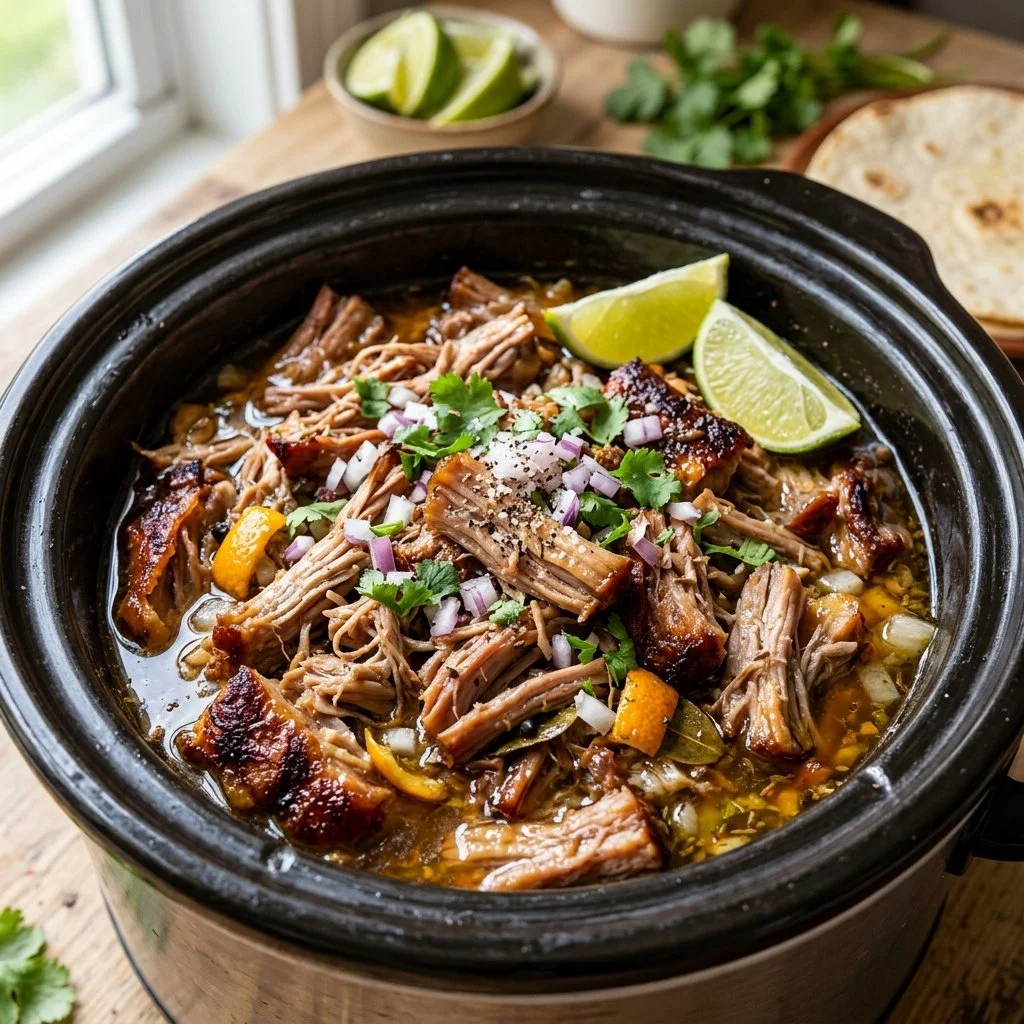 Delicious slow cooker carnitas served in a taco with toppings