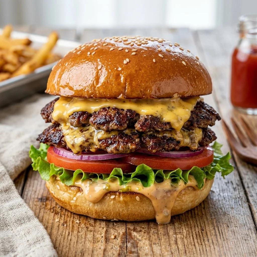 Delicious homemade smash burgers with toppings and condiments