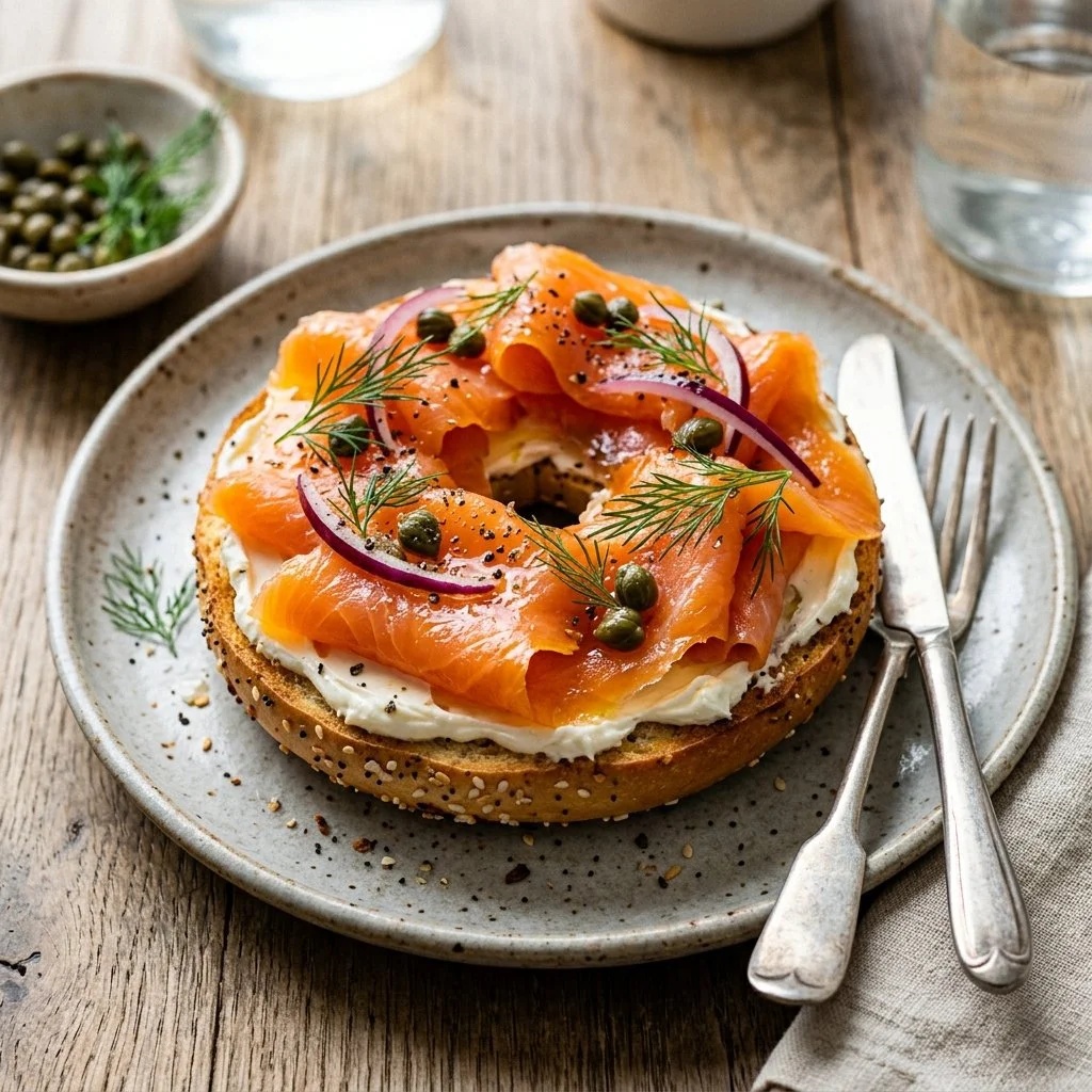 Smoked salmon bagel topped with cream cheese, capers, and red onion on a wooden board