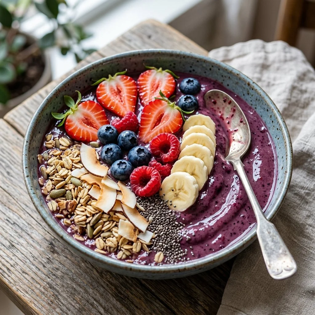 Colorful smoothie bowl topped with fruits and granola, perfect for a healthy breakfast.