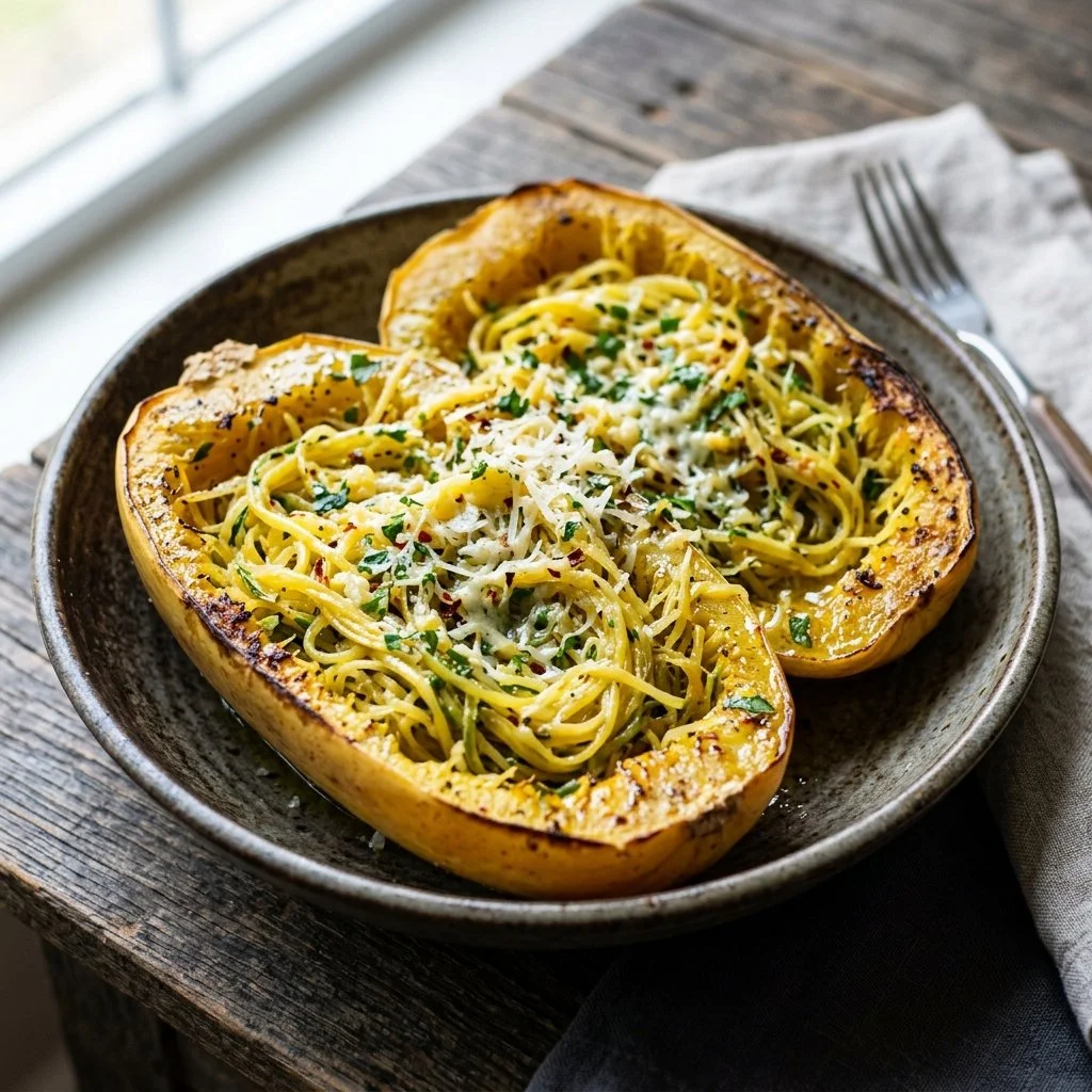 Delicious spaghetti squash dish served with fresh herbs and tomatoes