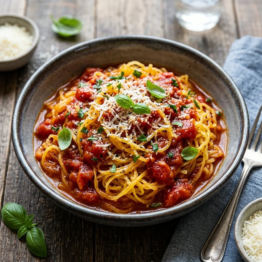 A bowl of Spaghetti Squash Marinara topped with fresh basil and parmesan.