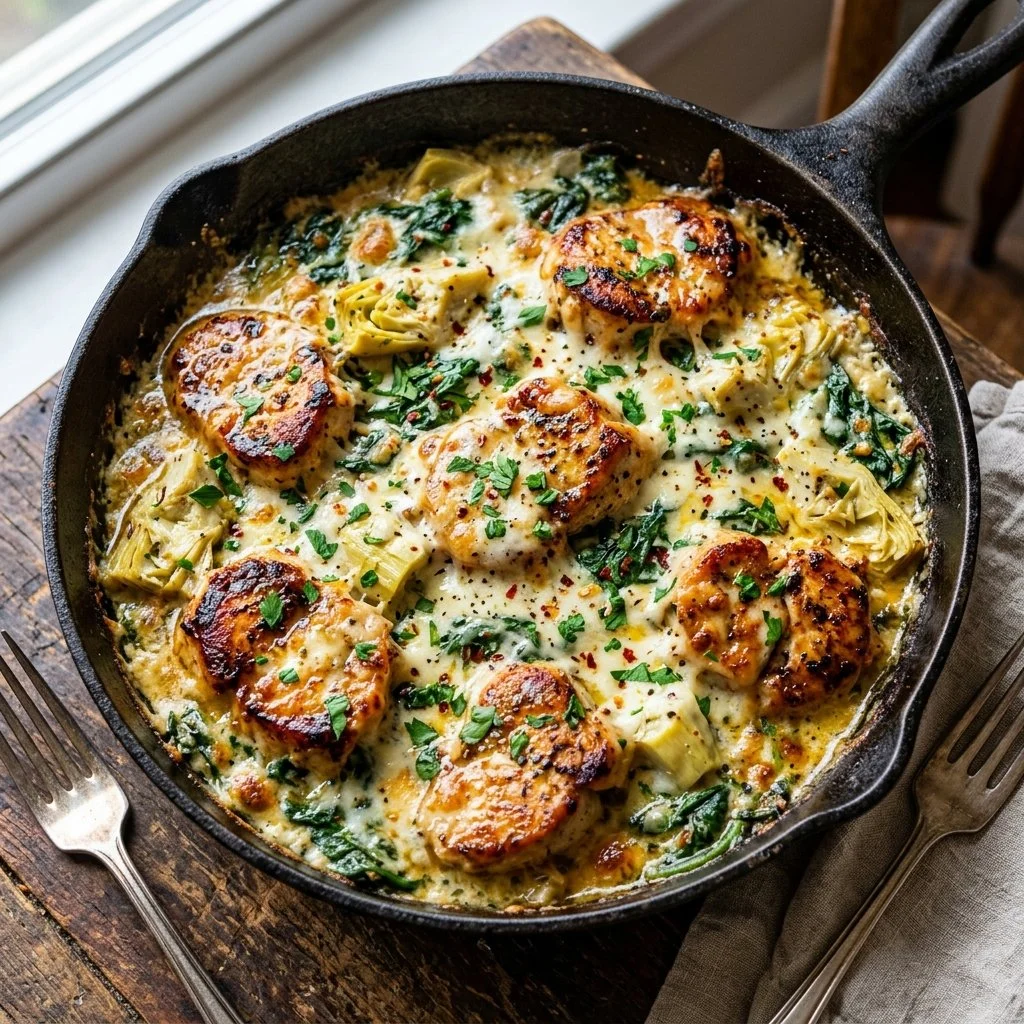 Delicious spinach artichoke chicken dish served on a plate