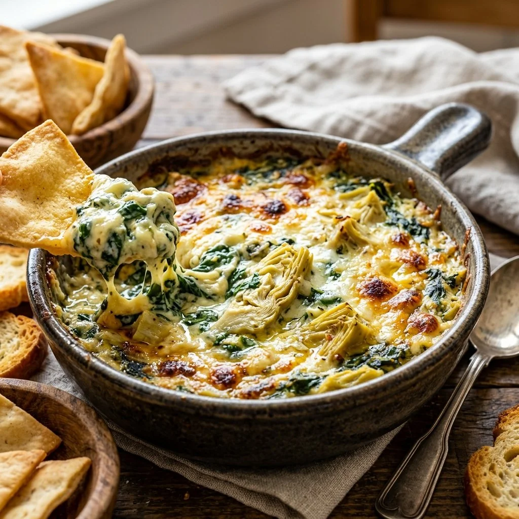 Delicious homemade Spinach Artichoke Dip served with crispy tortilla chips
