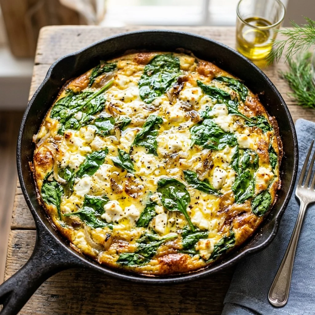 Delicious spinach feta frittata served on a plate, showcasing vibrant green spinach and creamy feta.