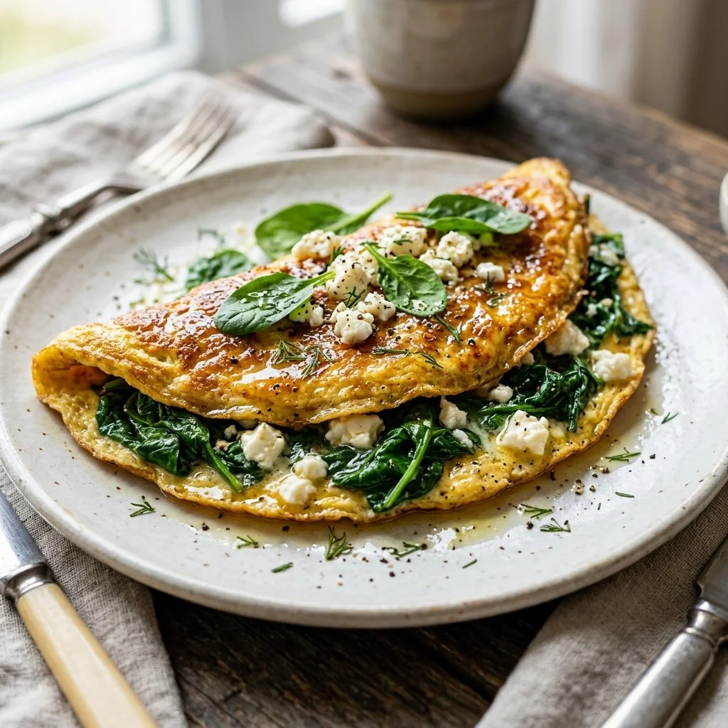 Delicious spinach feta omelet served on a plate with fresh herbs