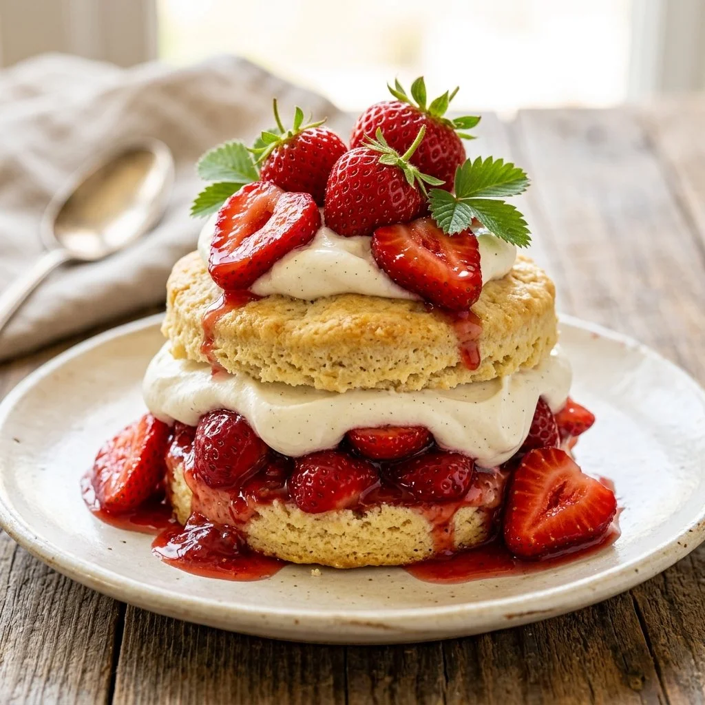 Delicious homemade strawberry shortcake with fresh strawberries and whipped cream