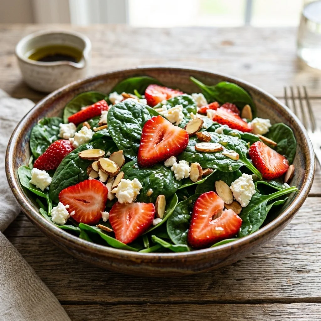 Fresh Strawberry Spinach Salad with nuts and vinaigrette dressing