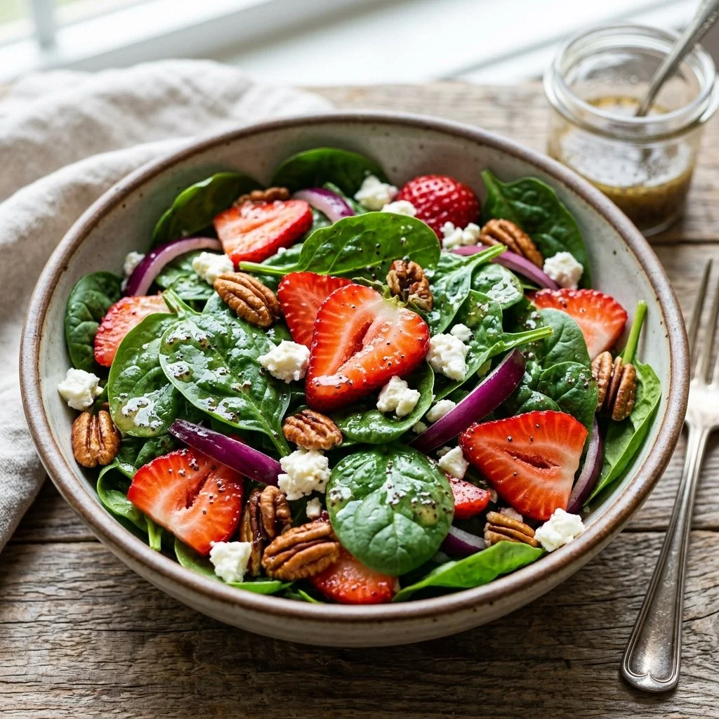 Fresh Strawberry Spinach Salad with strawberries, spinach, nuts, and dressing