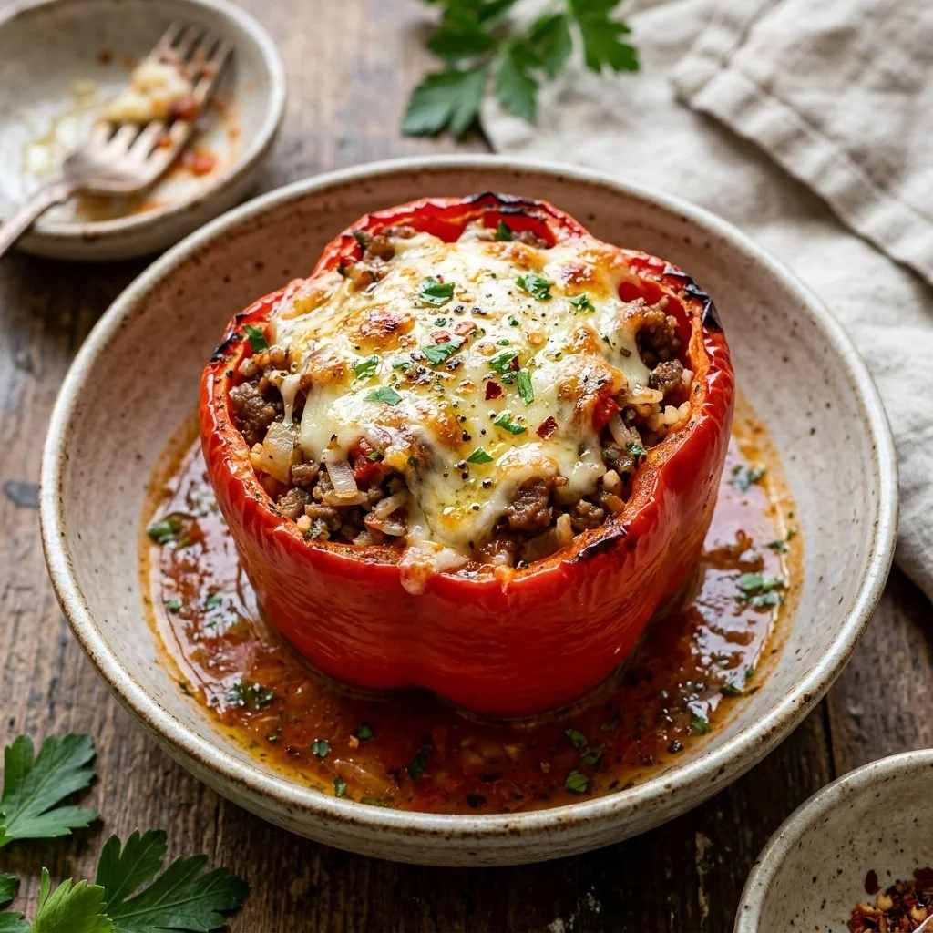 A colorful plate of stuffed bell peppers filled with rice, meat, and vegetables.