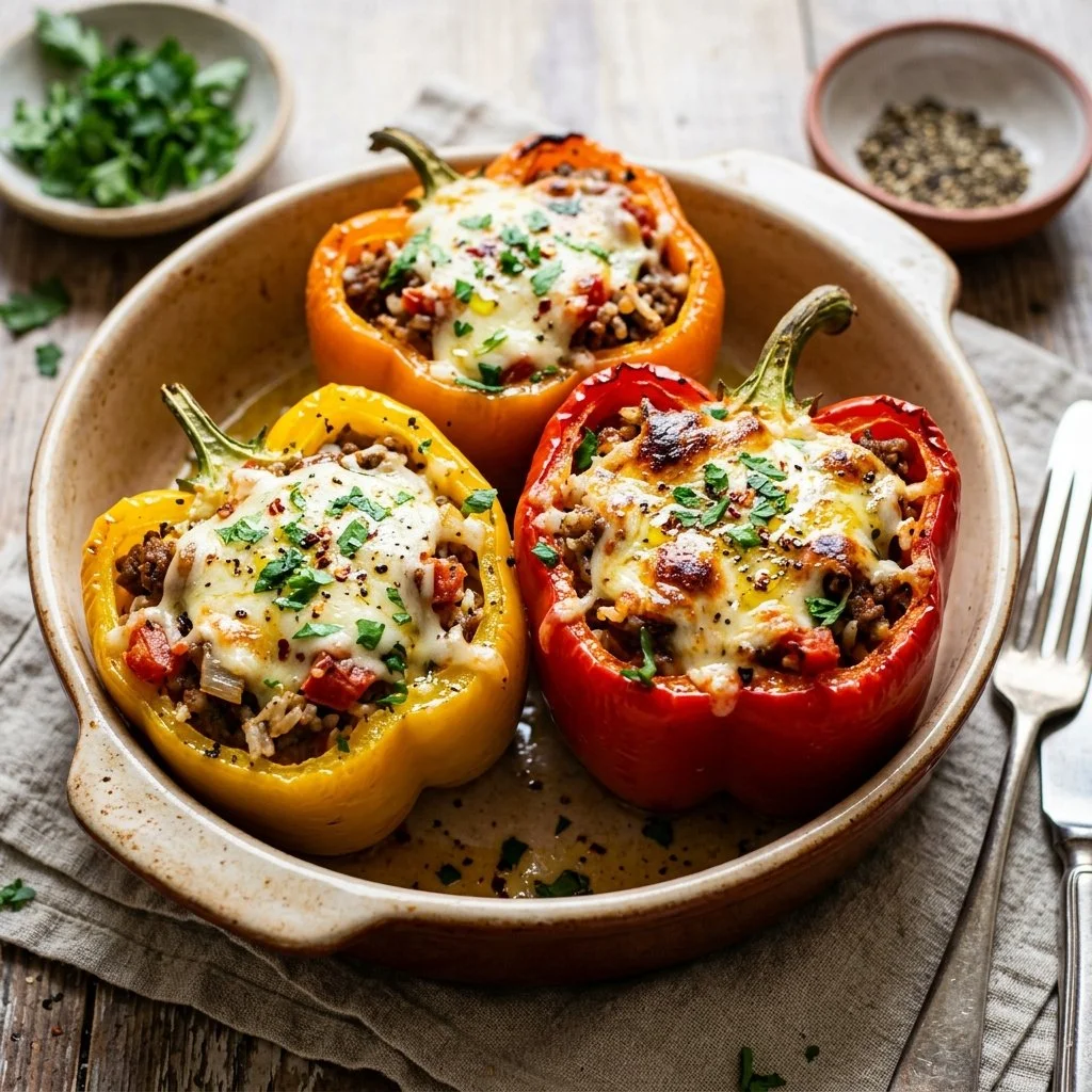 Colorful stuffed bell peppers filled with rice and vegetables