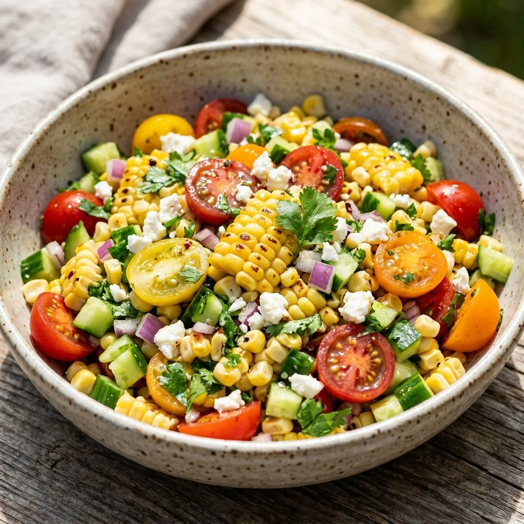 Colorful summer corn salad with fresh vegetables and dressing