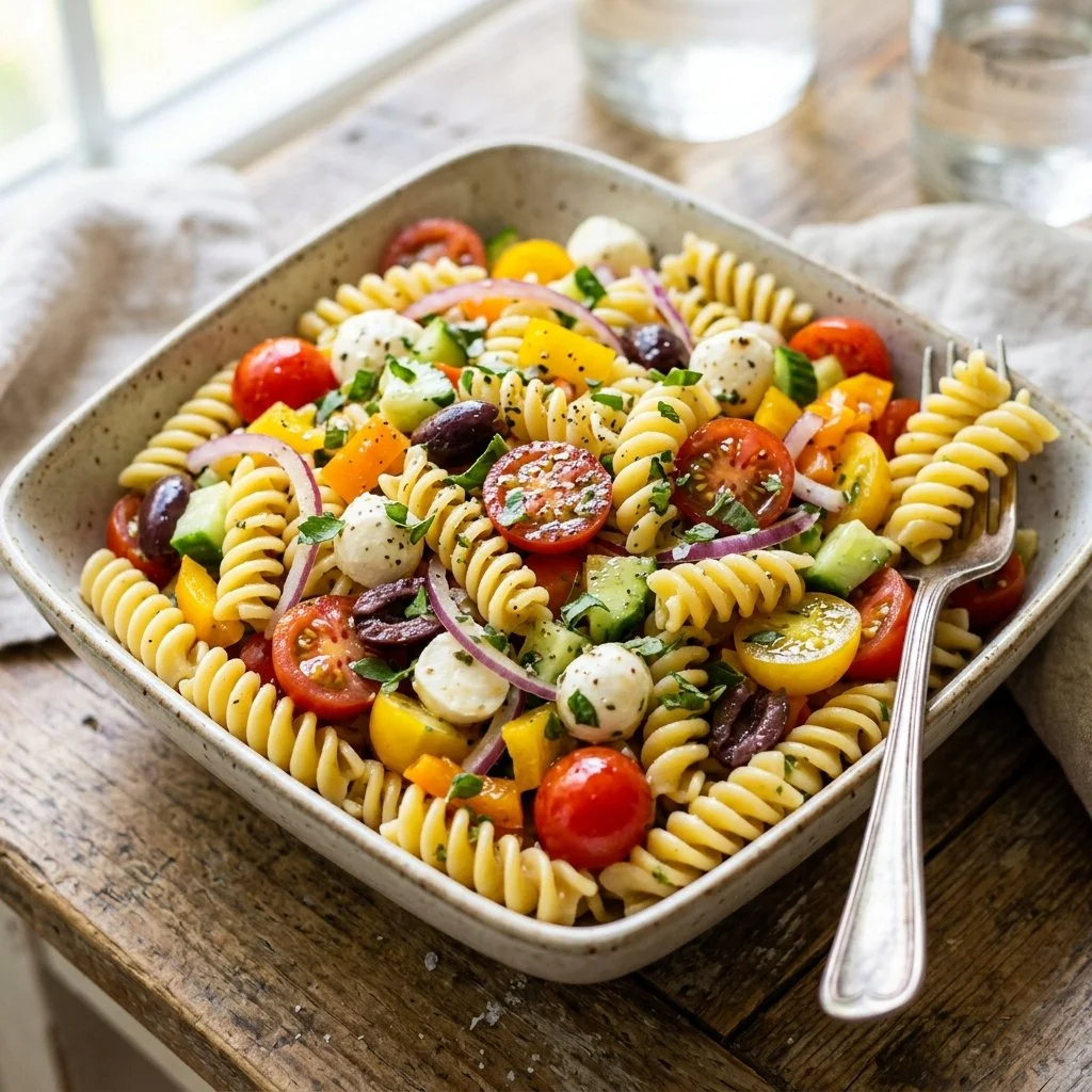 Bowl of colorful summer pasta salad with fresh vegetables and dressing