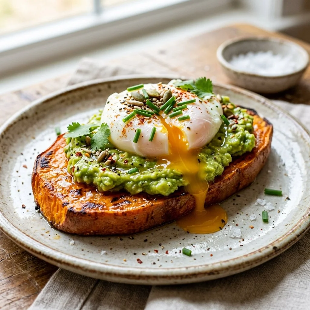 Colorful sweet potato toast topped with avocado, eggs, and herbs on a rustic wooden surface.