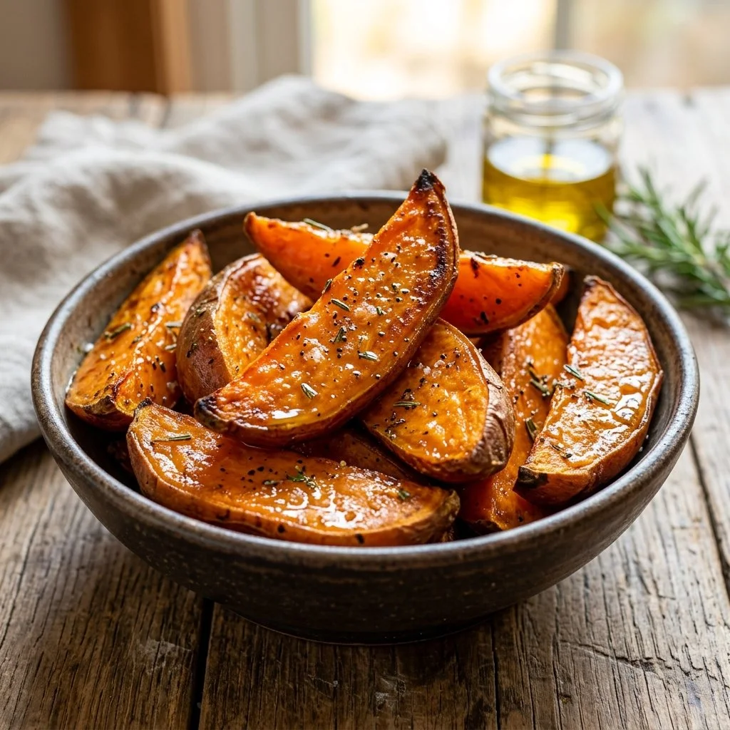 Crispy homemade sweet potato wedges served on a plate