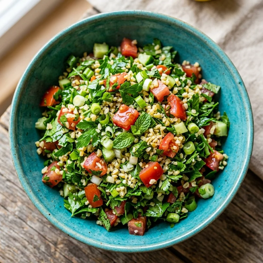 Bowl of fresh Tabbouleh Salad garnished with parsley and tomatoes