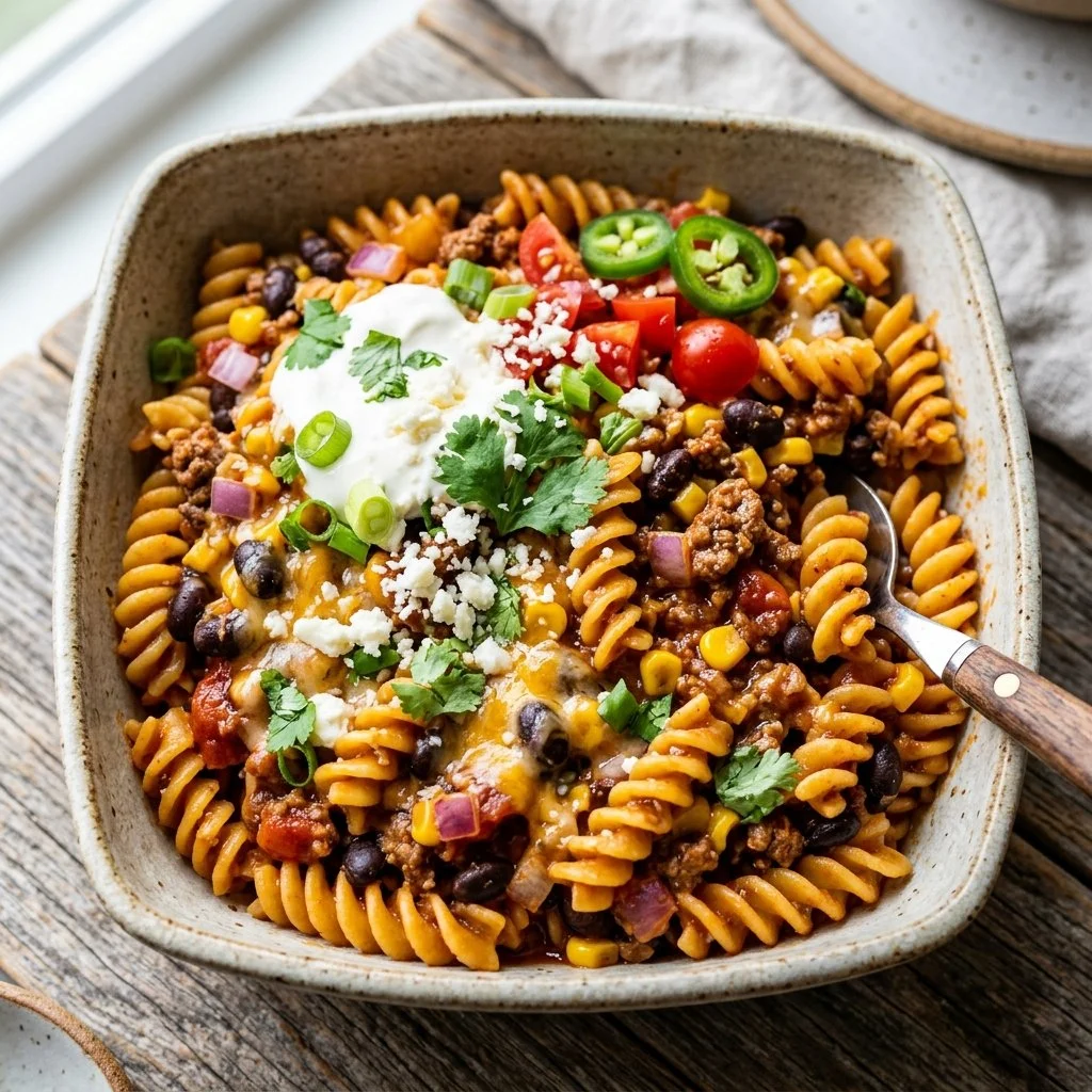 Delicious taco pasta dish topped with cheese and garnished with herbs.