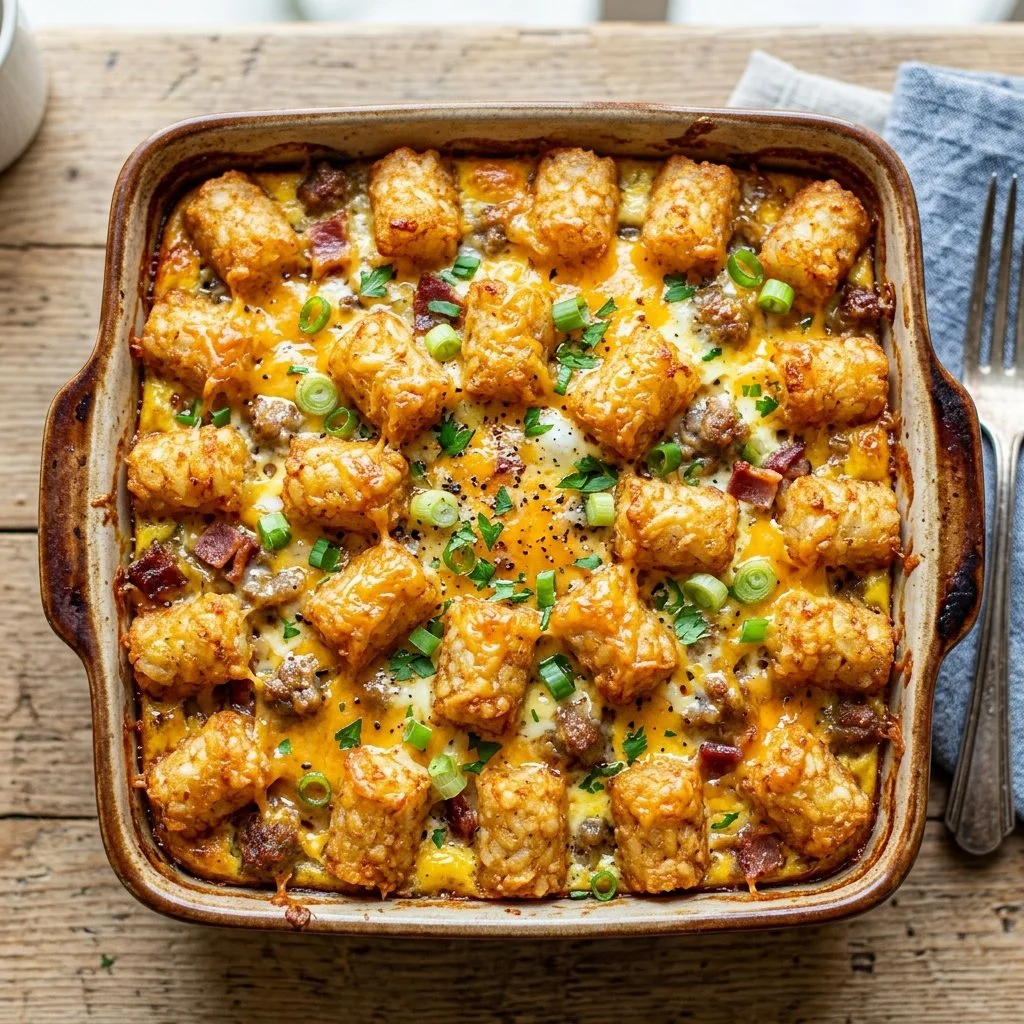 Delicious Tater Tot Breakfast Bake topped with eggs and cheese.
