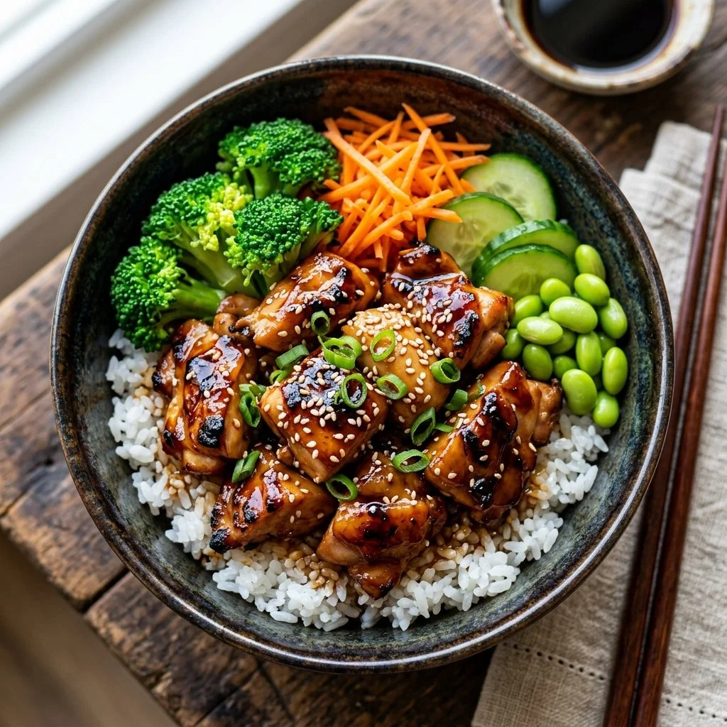Delicious teriyaki chicken bowl with tender chicken and fresh vegetables