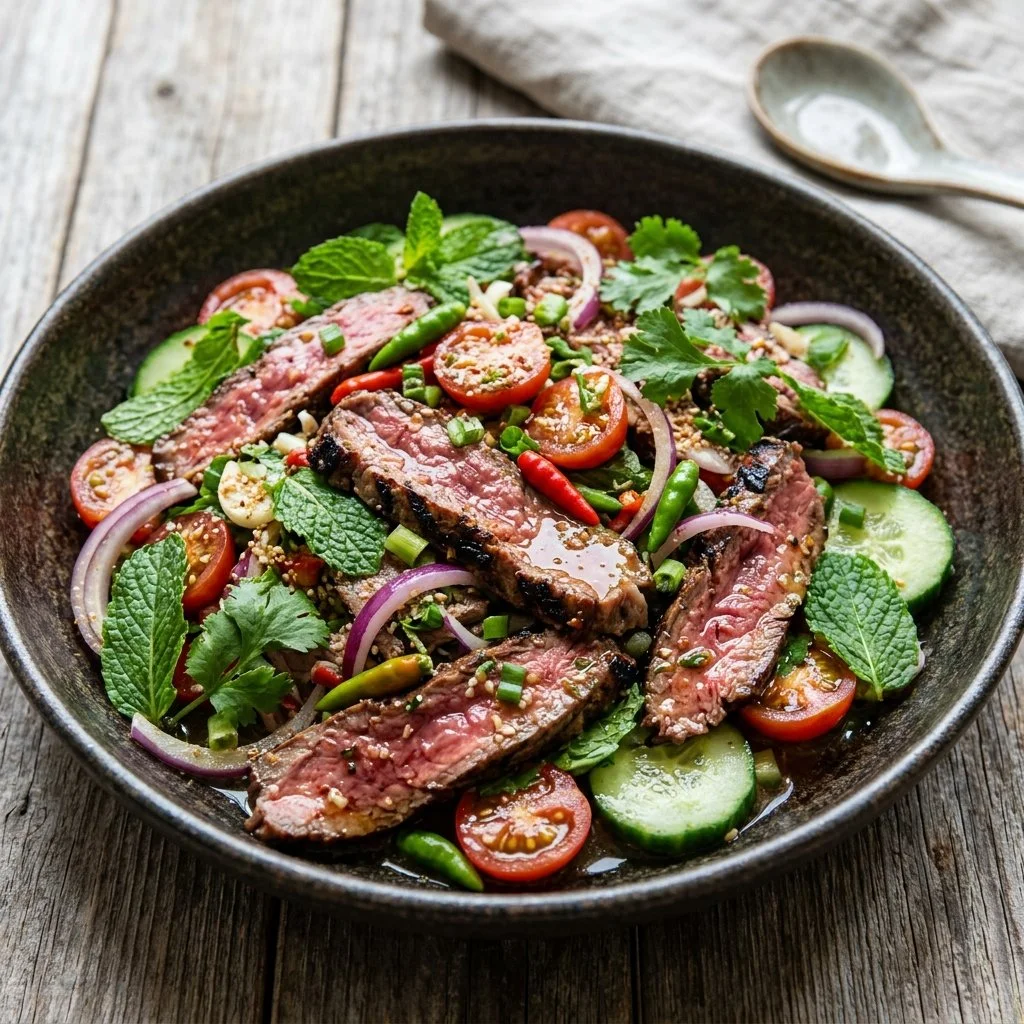 Delicious Thai Beef Salad with fresh vegetables and herbs