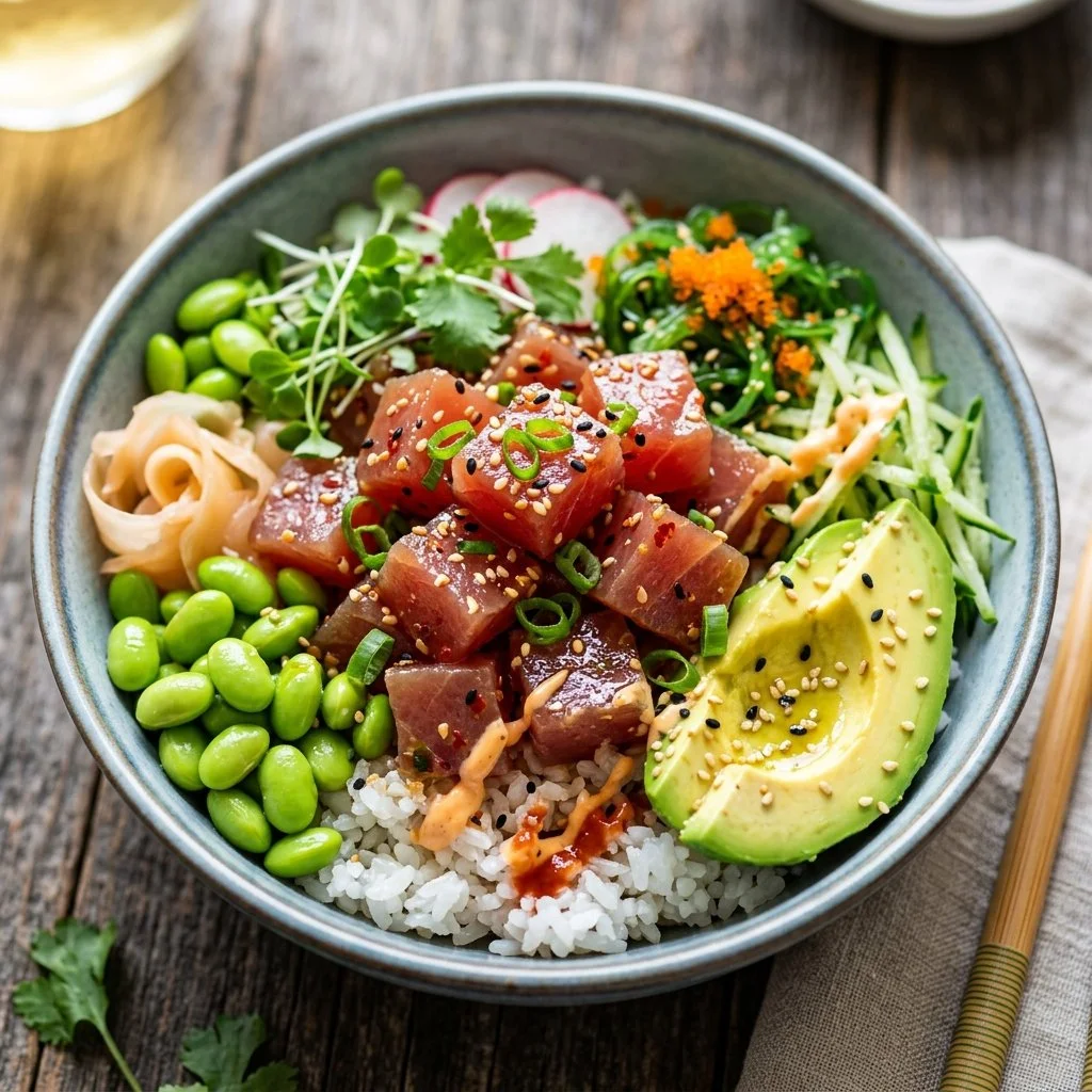 Delicious Tuna Poke Bowl with fresh ingredients and vibrant colors