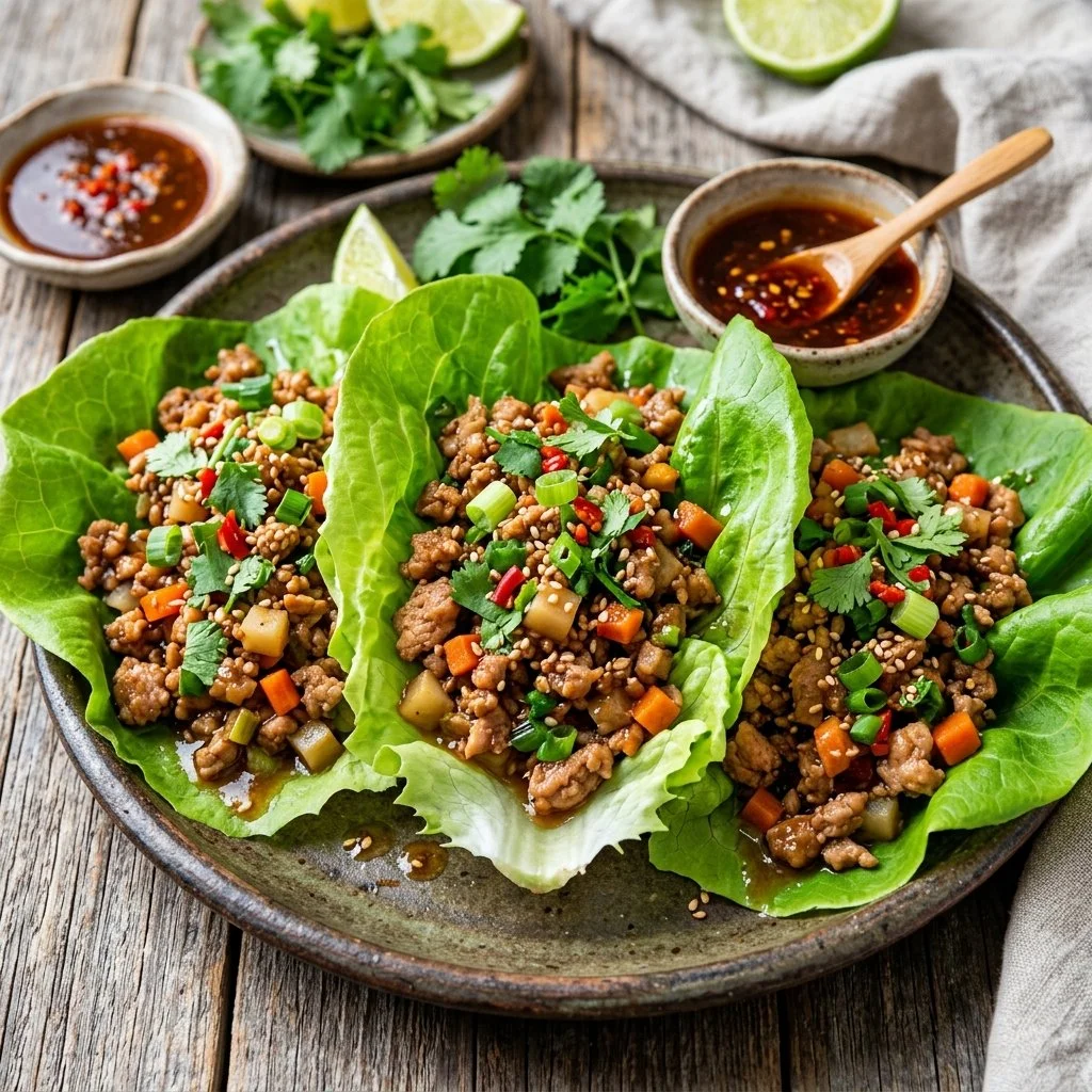 Plate of savory Turkey Lettuce Wraps with fresh ingredients