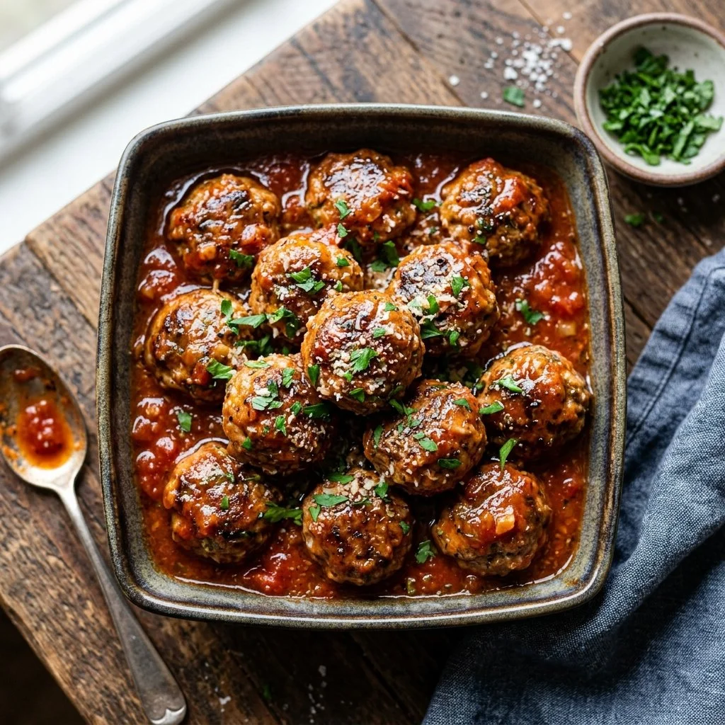 Plate of juicy turkey meatballs garnished with herbs