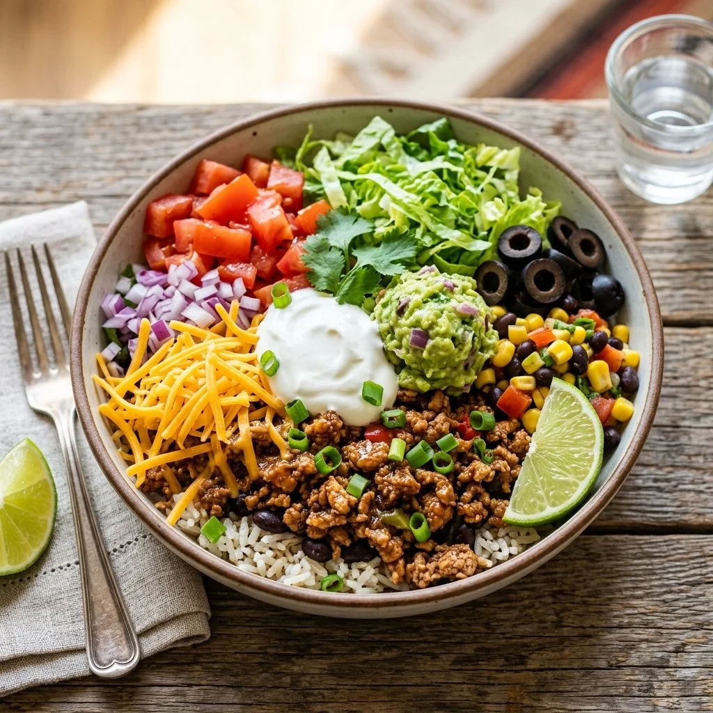 Delicious Turkey Taco Bowl filled with fresh ingredients and toppings