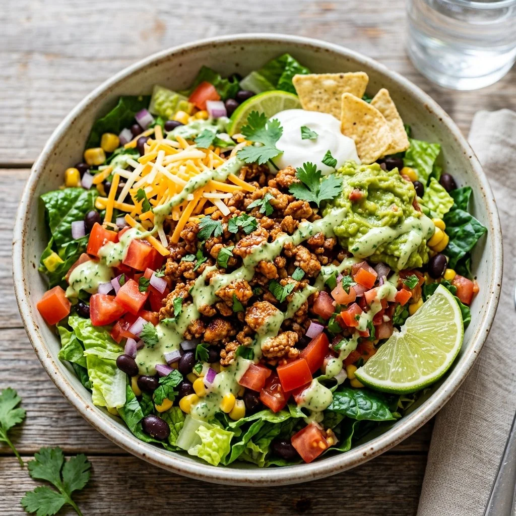 Colorful and fresh Turkey Taco Salad with lettuce, tomatoes, and turkey meat