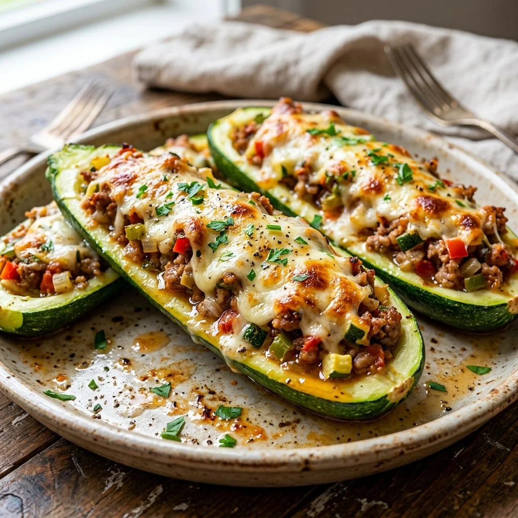 Delicious turkey zucchini boats topped with cheese and herbs ready to serve