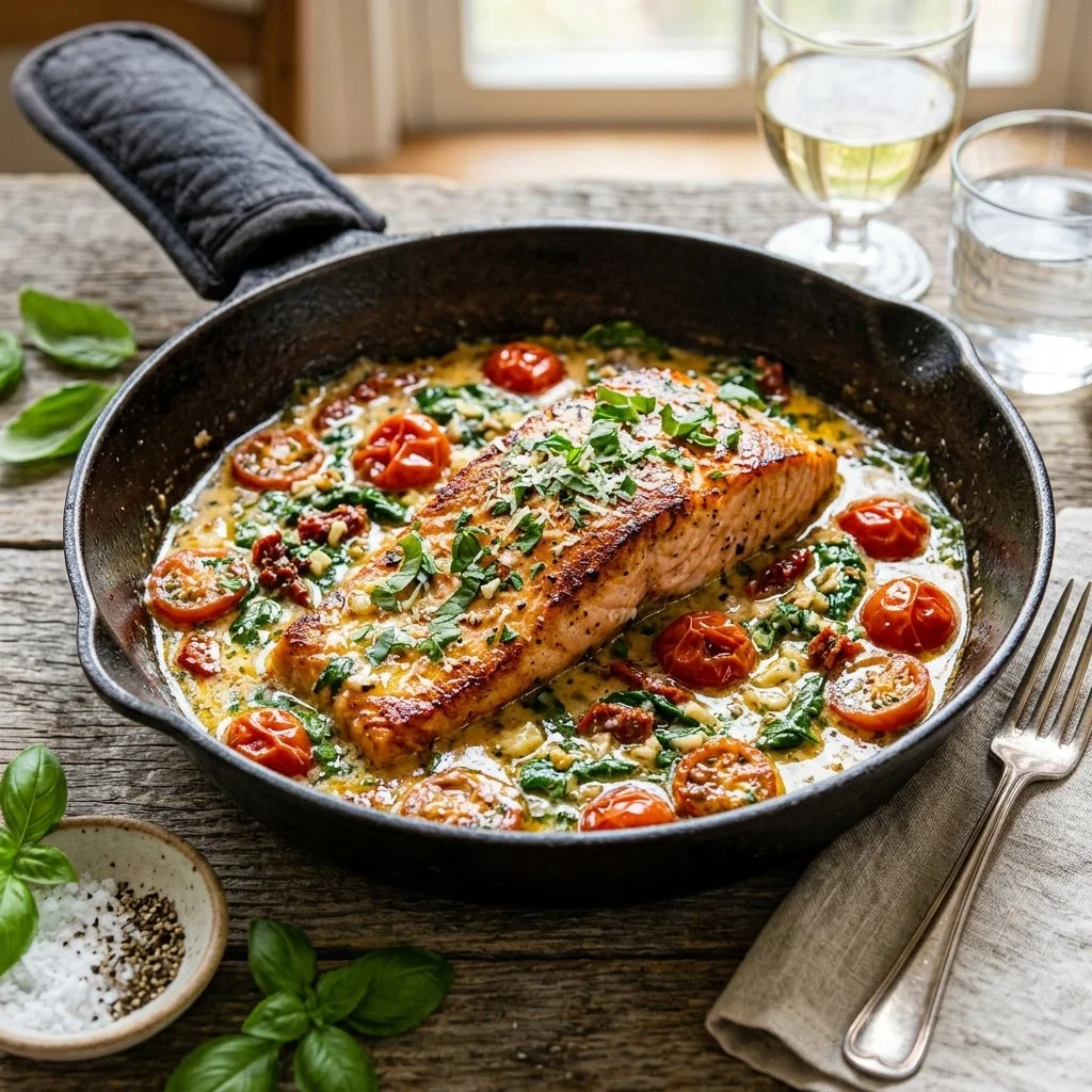 Delicious Tuscan Butter Salmon plated with herbs and lemon slices.