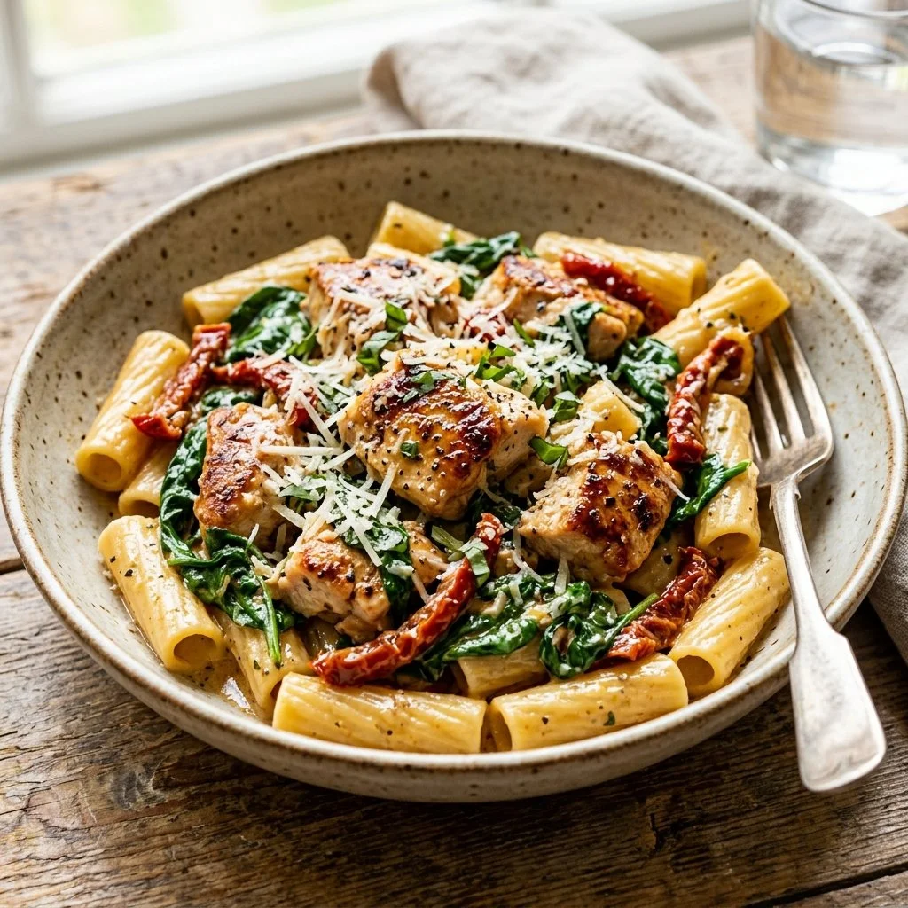 Delicious Tuscan Chicken Pasta with chicken, sun-dried tomatoes and creamy sauce.