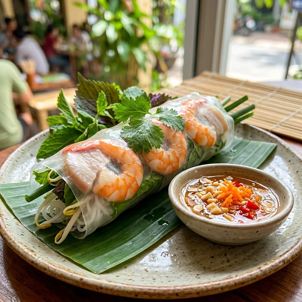Plate of fresh Vietnamese spring rolls with vibrant vegetables and herbs
