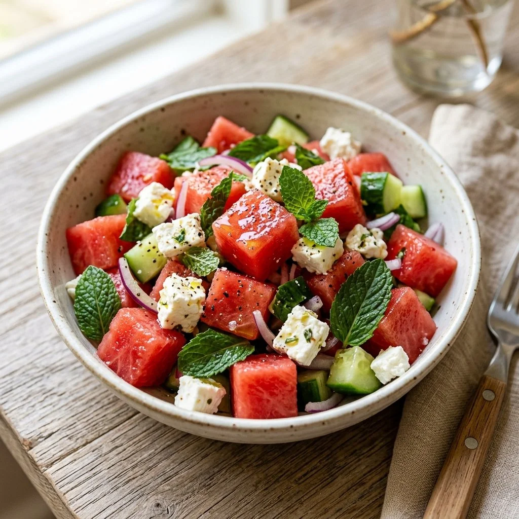 Colorful watermelon feta salad with fresh herbs and mint leaves