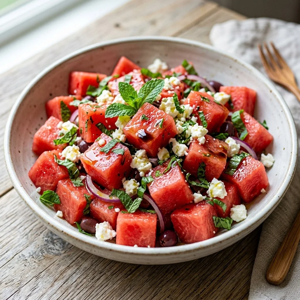 Delicious watermelon feta salad with mint and lime dressing served in a bowl.