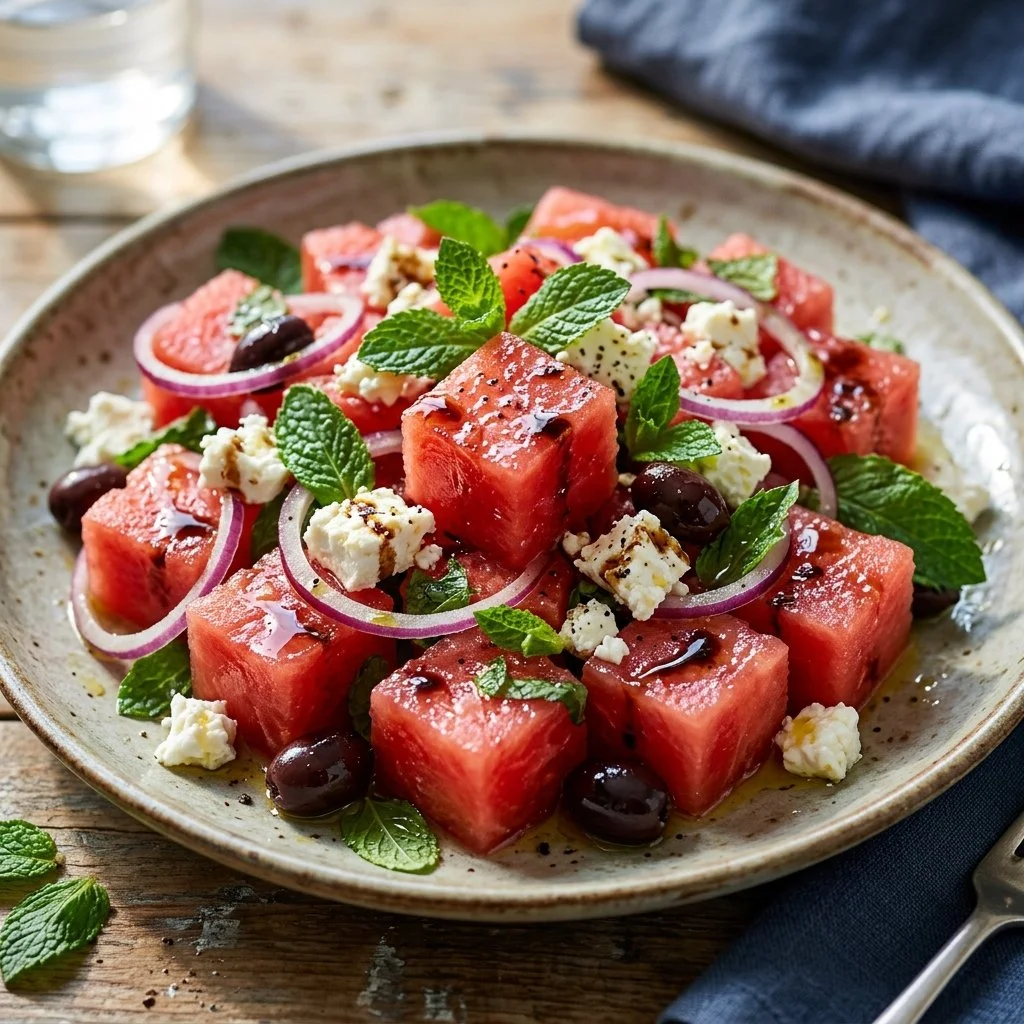 Fresh Watermelon Feta Salad with mint garnish and a drizzle of balsamic glaze