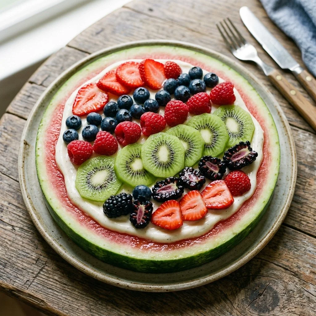 Delicious Watermelon Pizza topped with fruits and yogurt for a refreshing treat