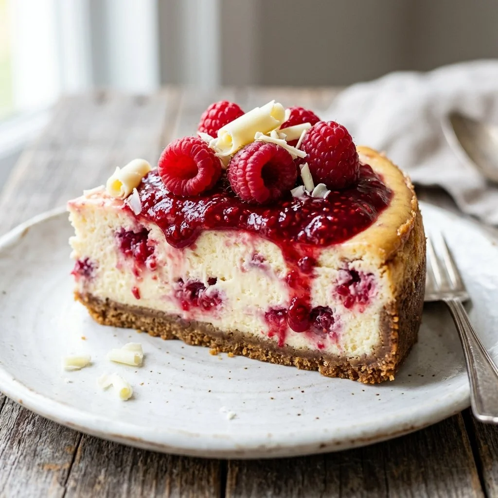 Delicious white chocolate raspberry cheesecake slice on a dessert plate
