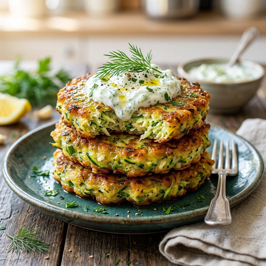 Plate of freshly cooked zucchini fritters with herbs
