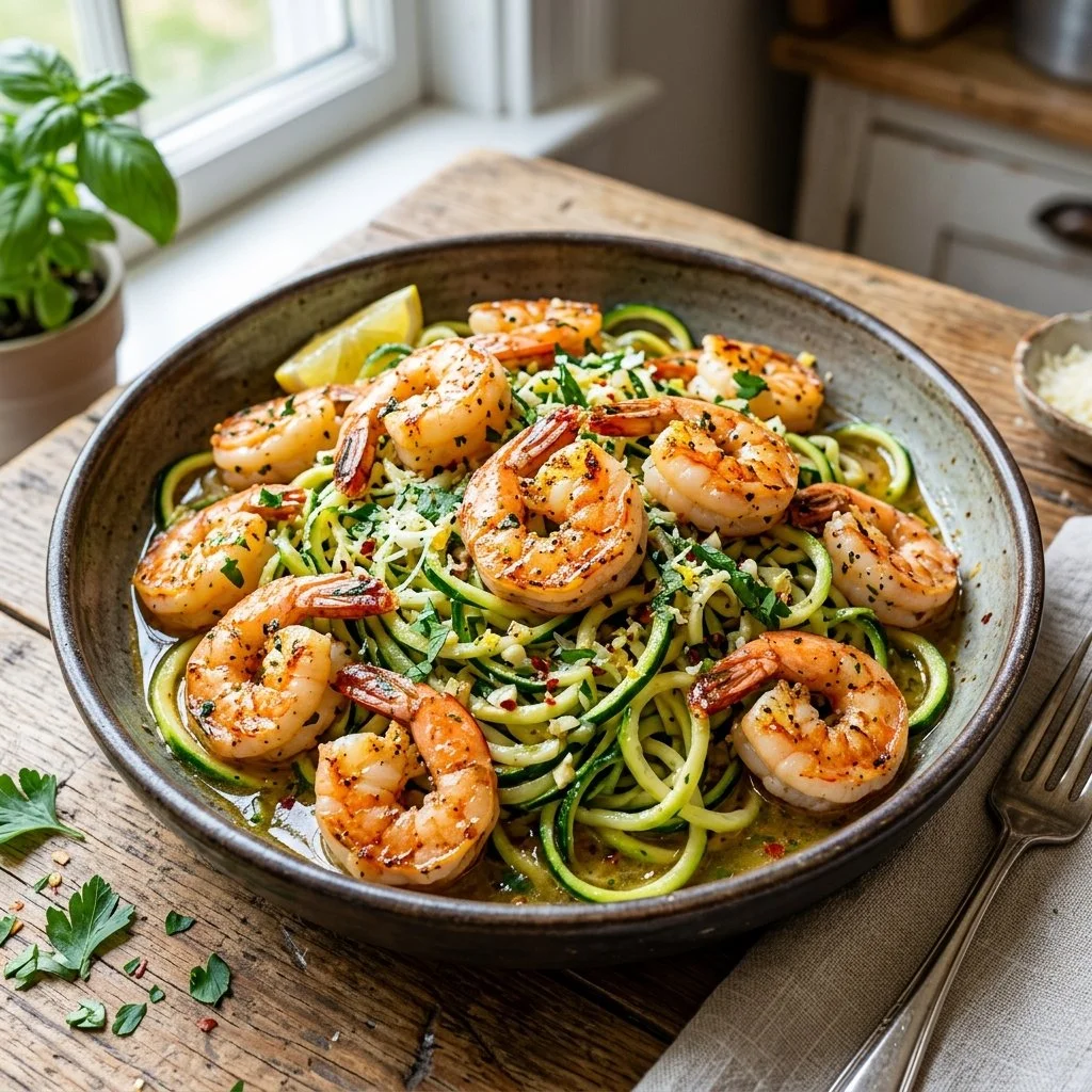 Zucchini Noodle Shrimp Scampi served in a bowl with garlic and herbs