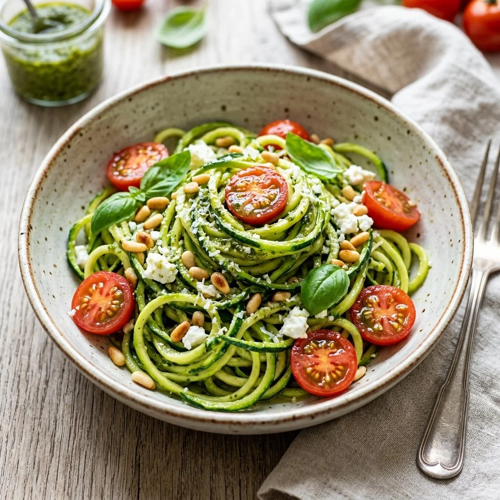 Bowl of fresh zucchini noodles topped with tomatoes and herbs