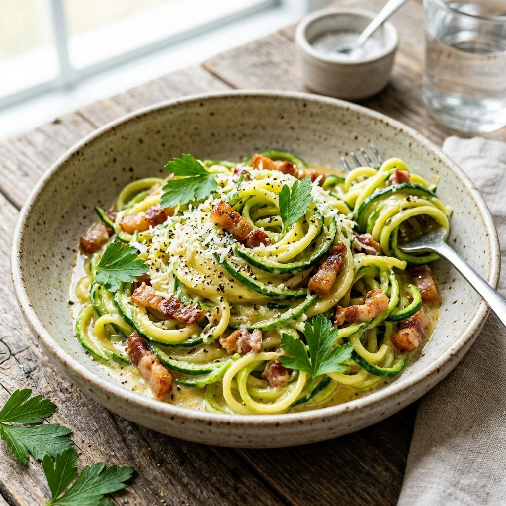 Bowl of Zucchini Noodles Carbonara topped with parmesan and herbs