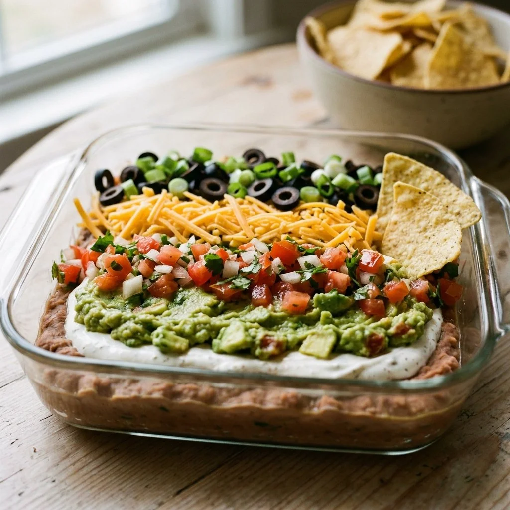 Delicious 7 Layer Dip served in a bowl with colorful layers of ingredients.