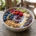 Delicious acai bowl topped with granola and fresh fruits
