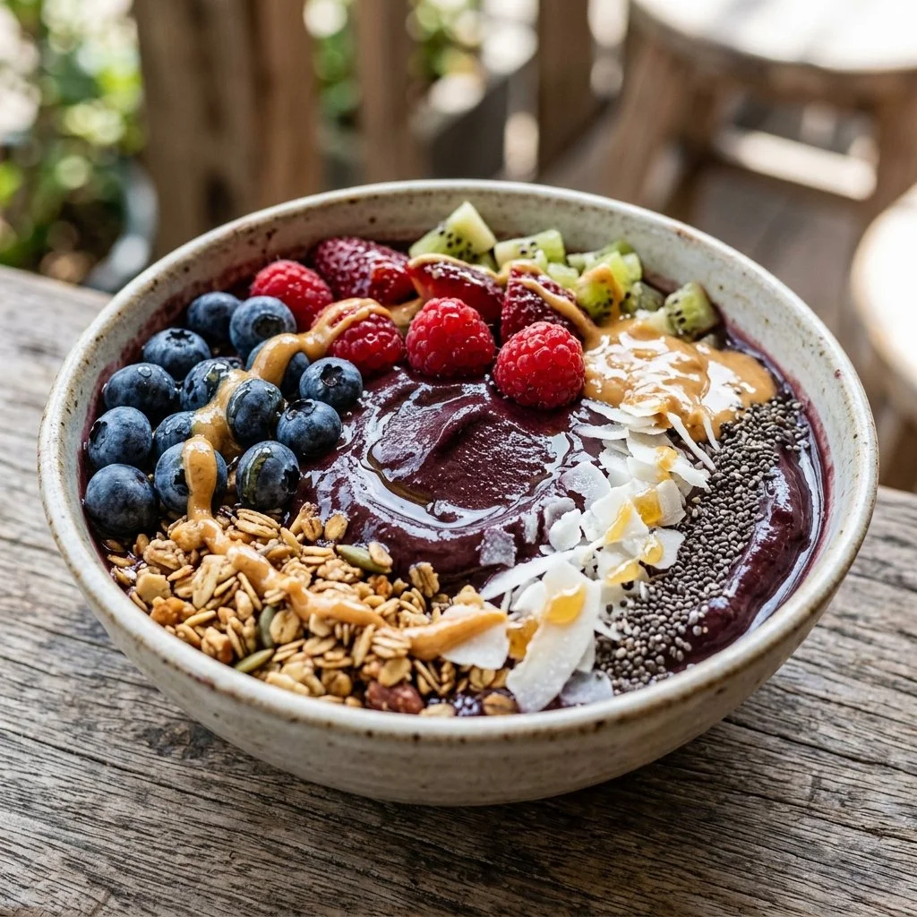 Delicious acai bowl topped with granola and fresh fruits