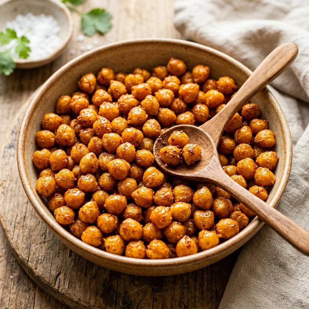 Crispy air fryer chickpeas served in a bowl as a healthy snack option.