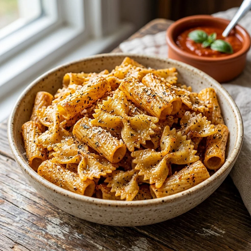 Crispy air fryer pasta chips served in a bowl with seasoning