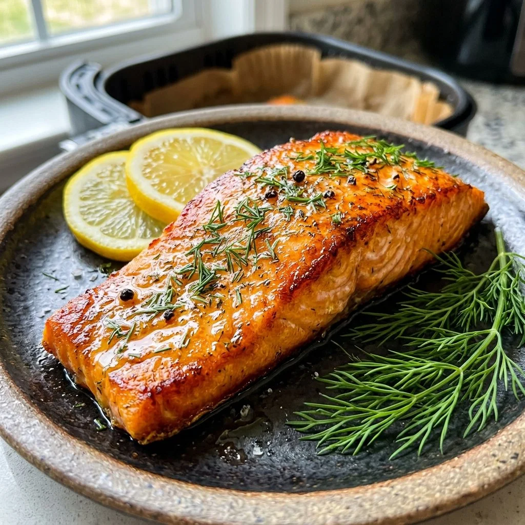 Air fryer salmon served with lemon and herbs, showcasing its crispy texture.