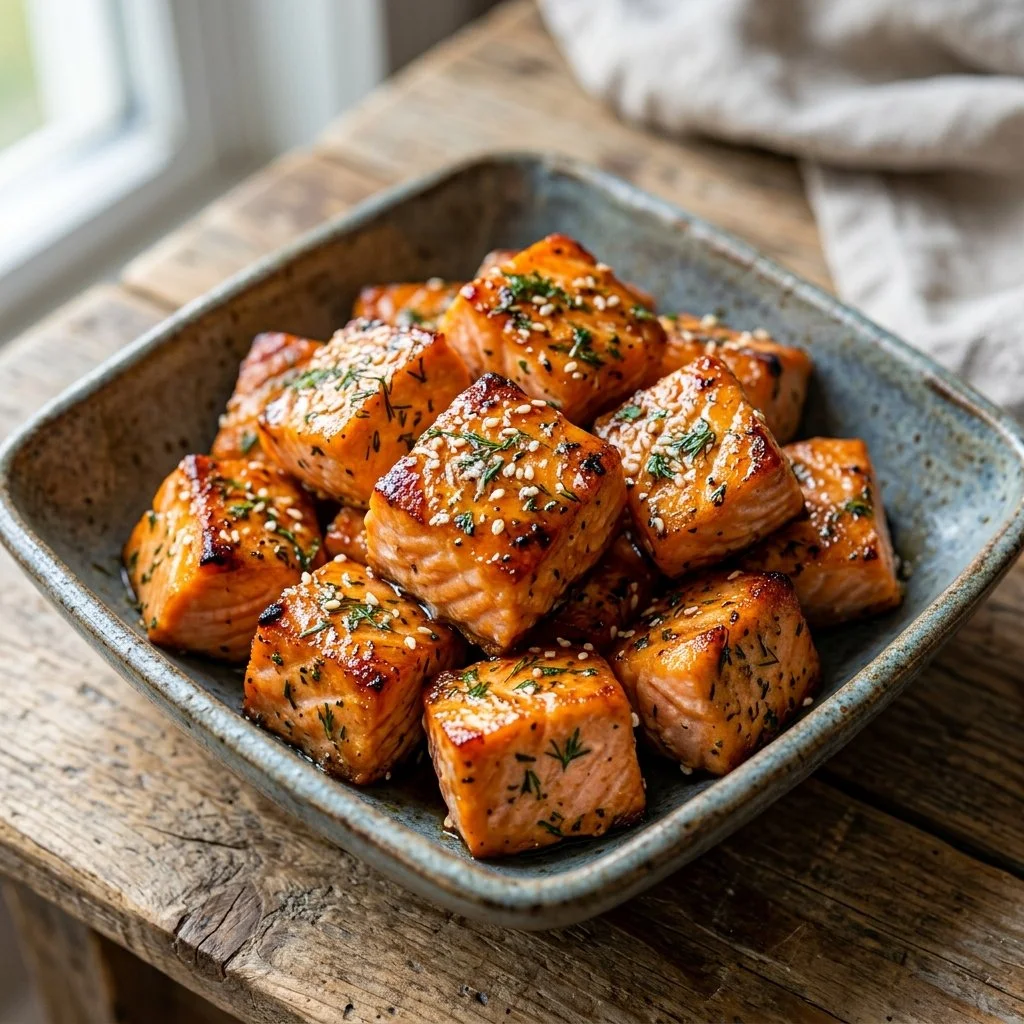 Crispy air fryer salmon bites served with dipping sauce